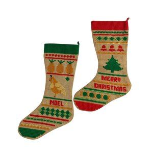 VTG Christmas Stockings Burlap Cross Stitch Rustic Farmhouse Boho Noel Partridge